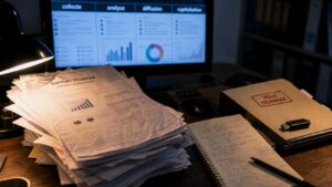 Poste de travail d'un veilleur technique avec un tableau de bord regroupant plusieurs sources d'information